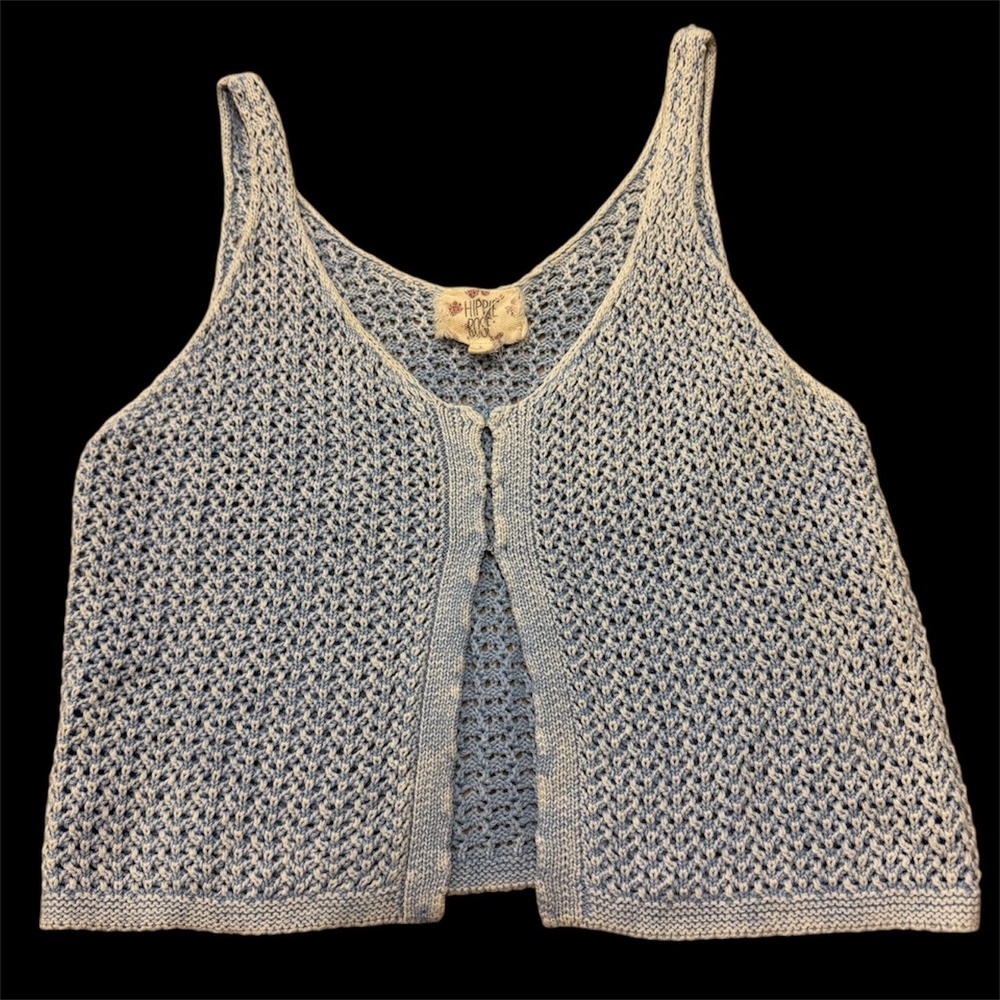 Hippie Rose Blue Crochet Knit Button Front Crop Tank Top Women's‎ Size L